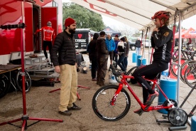 Cody "The Kid" Kaiser (LangeTwins/Specialized) warming up at the stripped down Specialized trailer tent.